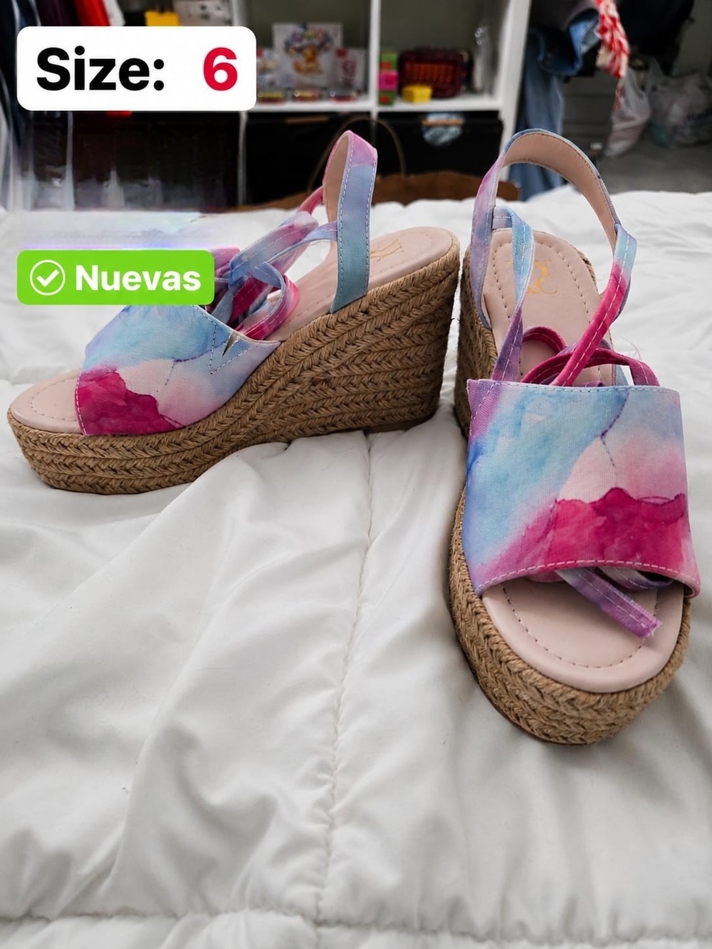 New York & Company Pink and Blue Tie-Dye Espadrille Wedge Sandals